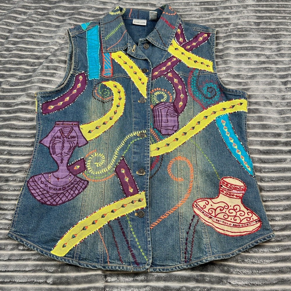 Chicos Denim Vest Womens 2 Blue Embroidered Applique Sequin Art To Wear Boho